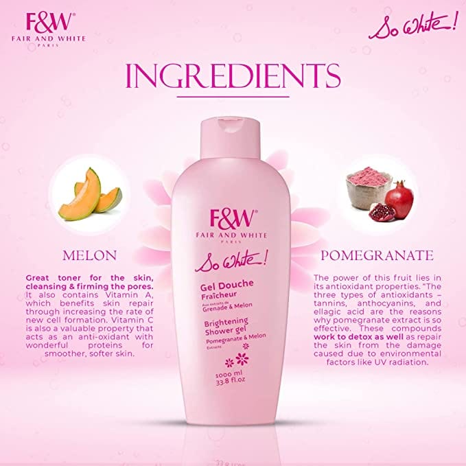 fair and white glutathione shower gel Fair And White So White! Refreshing Shower Gel with Pomegranate And Melon Extracts (Jumbo-1000ml / 33.81 fl oz)